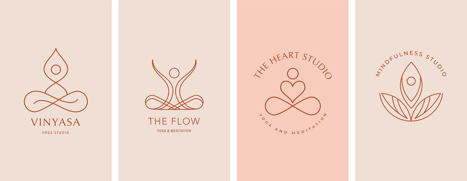 Collection of Yoga, Zen and Meditation logos, linear icons and elements. Bohemian style minimalist illustrations in pastel colors