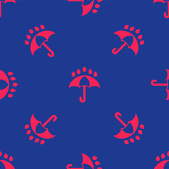 Red Umbrella and rain drops icon isolated seamless pattern on blue background. Waterproof icon. Protection, safety, security concept. Water resistant symbol. Vector