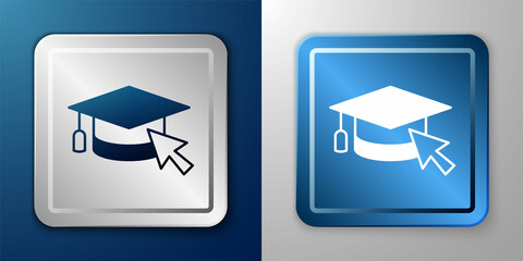 White Graduation cap with cursor icon isolated on blue and grey background. World education symbol. Online learning or e-learning concept. Silver and blue square button. Vector