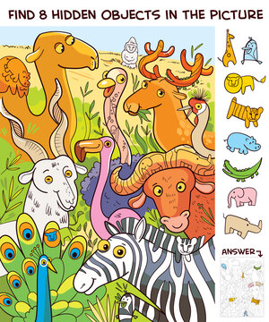 Group of wild animals in the zoo. Find 8 hidden objects in the picture. Puzzle Hidden Items. Funny cartoon character. Vector illustration