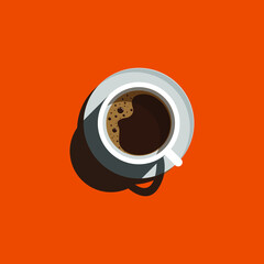 Poster with minimal design. A cup of coffee on an orange background. View from above.
