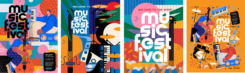  Music festival.Vector illustrations of musicians, people and musical instruments: drums, cello, synthesizer, tape recorder for poster, flyer or background © Ardea-studio