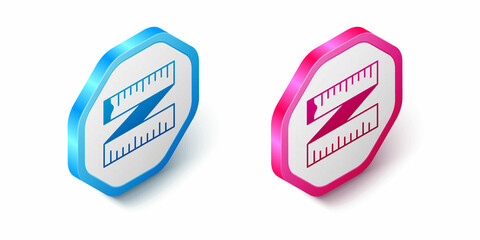 Isometric Tape measure icon isolated on white background. Measuring tape. Hexagon button. Vector