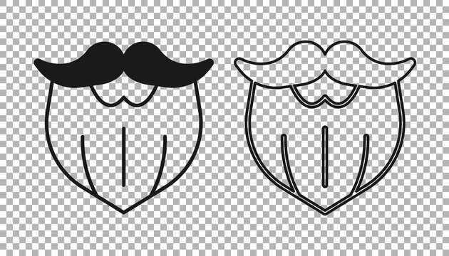 Black Mustache and beard icon isolated on transparent background. Barbershop symbol. Facial hair style. Vector