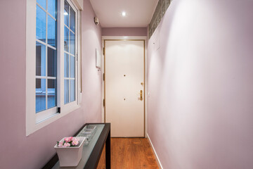 Fototapeta na wymiar Entrance hall of a house with smooth walls painted in pink with a wood and glass sideboard