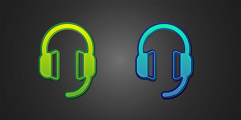 Green and blue Headphones icon isolated on black background. Earphones. Concept for listening to music, service, communication and operator. Vector