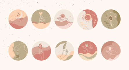 Social media highlight covers or icons with hand drawn mystical and astrology signs. Liner templates logos or emblems hands in different gestures