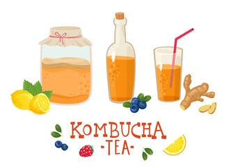 Kombucha fermented tea in glass jar and bottle with lemon and ginger. Vector banner with homemade tea