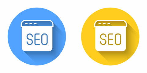 White SEO optimization icon isolated with long shadow background. Circle button. Vector