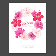 Hibiscus flowers design template. Red, pink tropical flowers with palm leaves wreath. Best for wedding invitations, greeting card designs and flyers. Vector illustration.