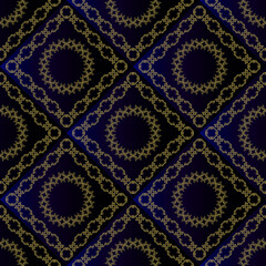 Abstract seamless ethnic pattern with an ornament of doodle curls of different colors on a dark background for textile design of a scarf, hijab, tablecloth, tiles, napkins