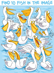 Peslicans are fishing. Find hidden objects in the picture. Find an extra. Puzzle Hidden Items. Funny cartoon character. Vector illustration
