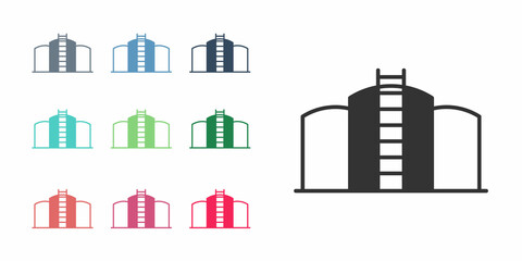 Fototapeta premium Black Oil tank storage icon isolated on white background. Vessel tank for oil and gas industrial. Oil tank technology station. Set icons colorful. Vector