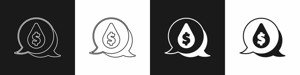 Set Oil drop with dollar symbol icon isolated on black and white background. Oil price. Oil and petroleum industry. Vector