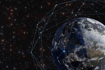 A glowing network grid surrounding the earth. Illustration of the concept of futuristic technology of using space satellites to achieve intercontinental Internet and data communication. - obrazy, fototapety, plakaty