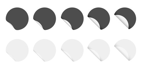 Vector adhesive round sticker with folded corner. White and black empty sticky price tags.