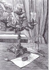 still life with a letter drawn in ink