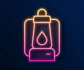 Glowing neon line Camping lantern icon isolated on black background. Vector
