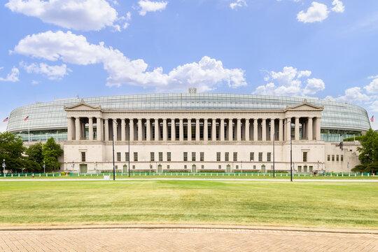 CHICAGO, IL, USA - JULY 1 , 2022: Soldier Field is home to the Chicago Bears and owned by the Chicago Park District. The stadium can hold 61,500 people for sports, concerts, and other events.