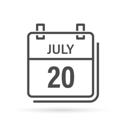 July 20, Calendar icon with shadow. Day, month. Flat vector illustration.
