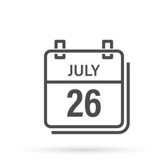 Calendar icon with shadow. July 26, Day, month. Flat vector illustration.
