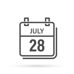 July 28, Calendar icon with shadow. Day, month. Flat vector illustration.