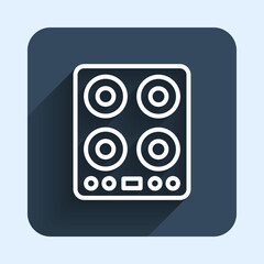 White line Gas stove icon isolated with long shadow background. Cooktop sign. Hob with four circle burners. Blue square button. Vector