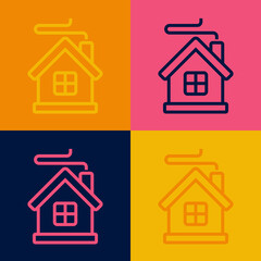 Pop art line Merry Christmas house icon isolated on color background. Home symbol. Vector