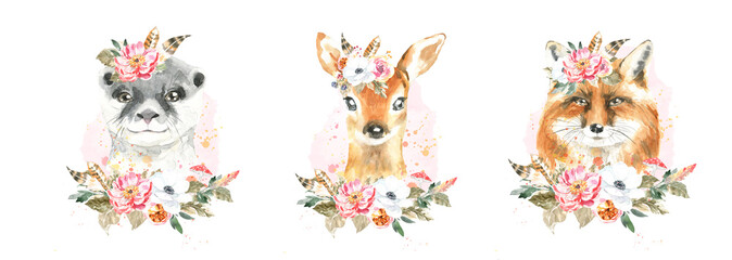 Watercolor woodland boho animal set of forest isolated cute otter,deer,fox  illustration. Baby animals with flower frame and color splashes. Nursery  animal portrait for baby shower, greeting card