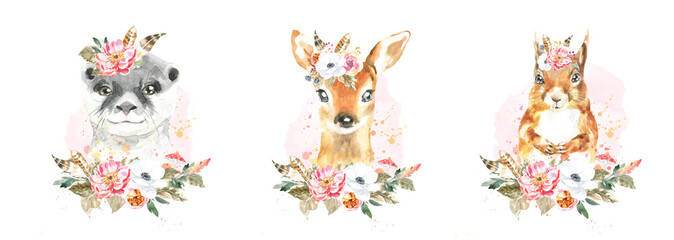 Watercolor woodland boho animal set of forest isolated cute otter,deer,squirrel illustration. Baby animals with flower frame and color splashes. Nursery  animal portrait for baby shower, greeting card