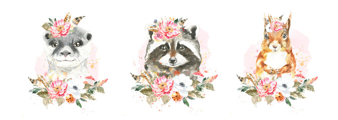 Watercolor woodland boho animal set of forest isolated cute racoon,otter,squirrel illustration. Baby animals with flower frame and color splashes. Nursery  animal portrait for baby shower, greeting