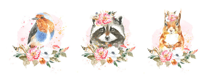 Watercolor woodland boho animal set of forest isolated cute racoon,bird,squirrel illustration. Baby animals with flower frame and color splashes.Nursery  animal portrait for baby shower, greeting card
