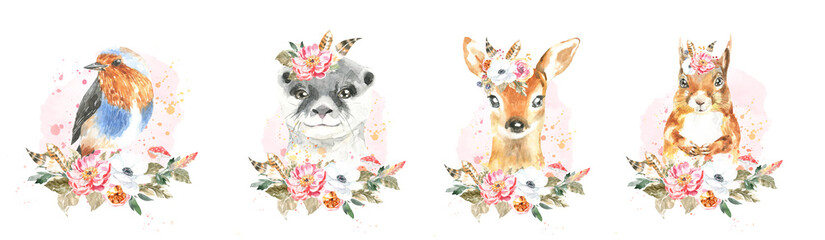 Watercolor woodland boho animal set of forest isolated cute bird, otter,deer,squirrel illustration.Baby animals with flower frame and color splashes. Nursery  animal portrait for baby shower, greeting