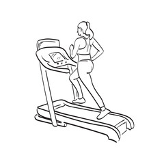 Obraz na płótnie Canvas rear view young sporty female athlete running on a treadmill illustration vector hand drawn isolated on white background line art.