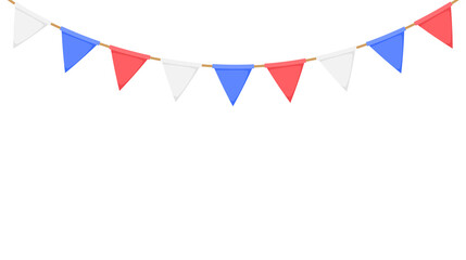 Obraz premium Flag garland. White, blue, red pennants chain. Party bunting decoration. Triangle celebration flags for garden decor. Vector footer and banner 