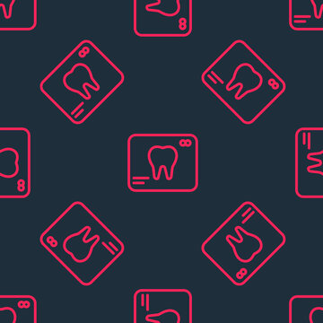 Red line X-ray of tooth icon isolated seamless pattern on black background. Dental x-ray. Radiology image. Vector