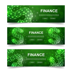 Set of three Dollar horizontal banners. Horizontal illustration for homepage design, promo banner. Finance low poly symbols with connected dots