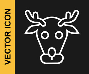 White line Reindeer icon isolated on black background. Merry Christmas and Happy New Year. Vector