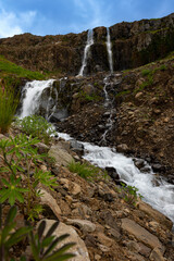 Melting glaciers near the town of Seydisfjordur in Iceland create small waterfalls that flow around stones and vegetation.
