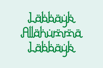 Labbayk Allahumma Labbayk Arabic typography in English Translated. Holy Haj related spiritual typography poster, banner design. Arabic language style English text vector design.