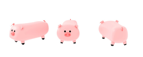 3d render. A cartoon pig in three kinds of positions on a white background. 3d illustration