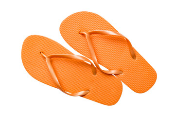 Orange flip flops isolated on white background. Top view - obrazy, fototapety, plakaty