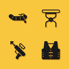 Set Inflatable boat with motor, Fishing jacket, harpoon and Camping folding chair icon with long shadow. Vector