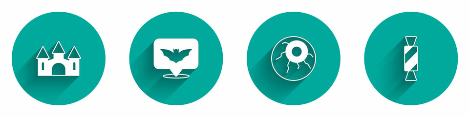 Set Castle, Flying bat, Eye and Candy icon with long shadow. Vector