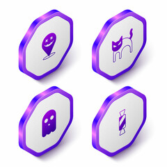 Set Isometric Happy Halloween holiday, Black cat, Ghost and Candy icon. Purple hexagon button. Vector
