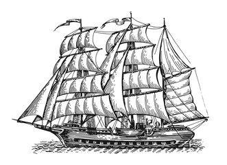 Vintage old sailing ship on waves sketch. Sea transport with sails isolated on white background in engraving style © ~ Bitter ~