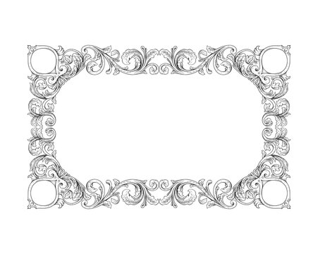 Vintage Floral Frame and border in baroque style. black and white color. flower carving decoration