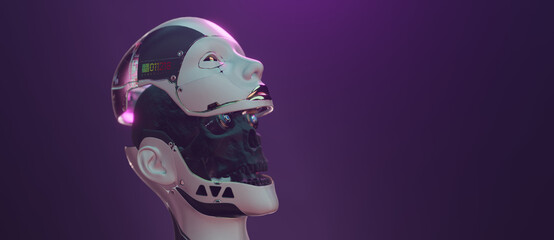 Cybernetic brain cyborg face futuristic female robotic head concept art of artificial intelligence fembot network with copyspace.