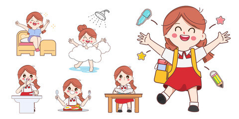 Cute cartoon doodle girl student character. Cartoon Kid in daily routine activity pose.