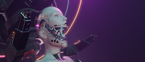 Cybernetic brain cyborg face futuristic female robotic head concept art of artificial intelligence fembot network with copyspace. - obrazy, fototapety, plakaty
